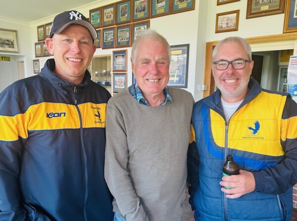 An image of Somerville Cricket Club stars & Life Members Craig Black (left) and Russell Wilkes (right) with radio RPP sports commentator Neil Williams.