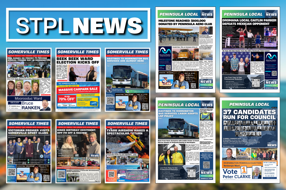 A collage of newspaper covers from Somerville Times and Peninsula Local, showcasing various local news stories and community events. Prominent headlines include local elections, bus services, community achievements, and council candidates.