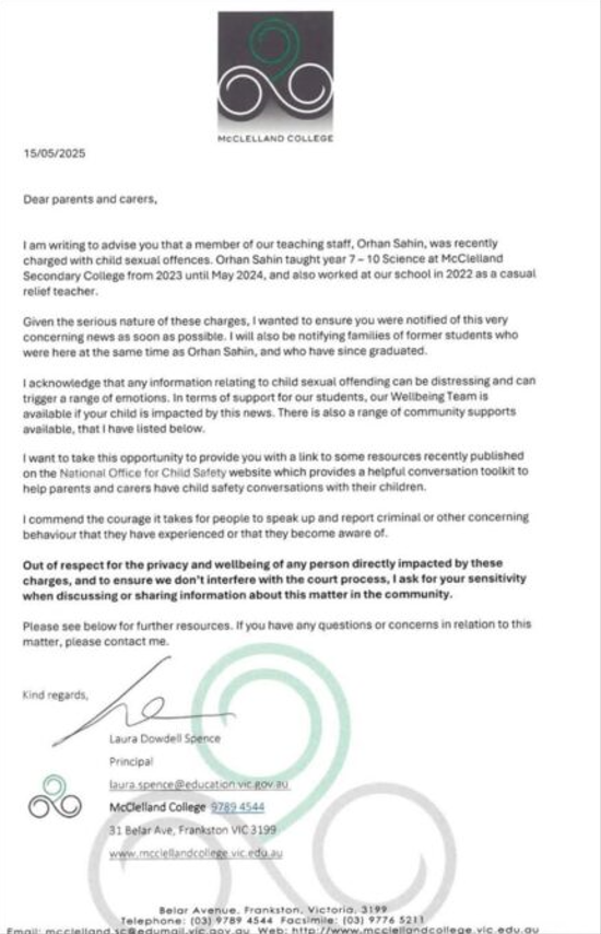 McClelland College letter about teacher charged with offences was leaked online.