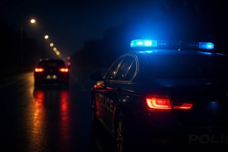 Police car with lights on night road.