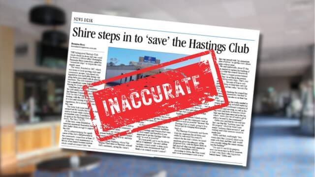 Newspaper article titled 'Inaccurate' over Hastings Club story.