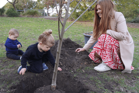 Family planting a tree in the garden.