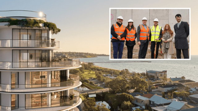 New apartment building and construction team by the coast.