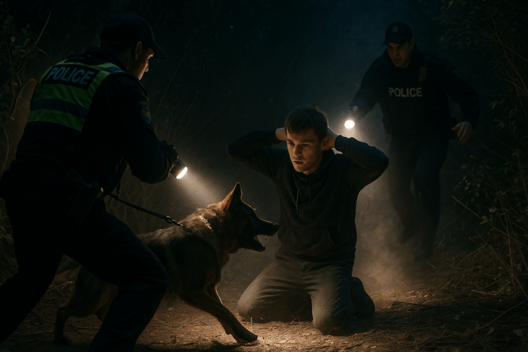 Police arrest man with help of dog at night.