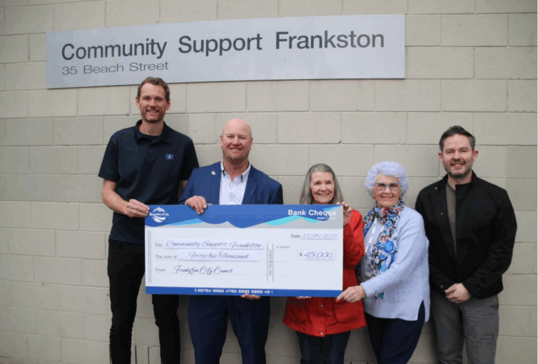 Community Support Frankston receives $45,000 donation cheque.