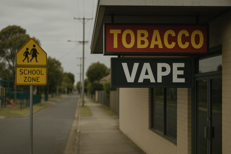Tobacco vape shop near school zone sign.