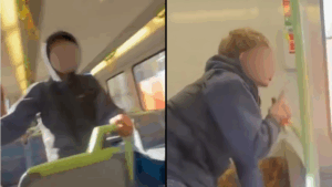 Blurred image of children vandalising a Frankston line train with a Stanley knife, captured in a viral TikTok video.