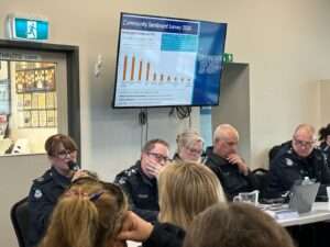 Police officers discussing community safety in meeting.