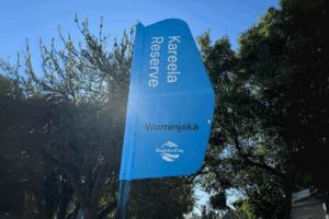 Kareela Reserve sign with trees and sky background.