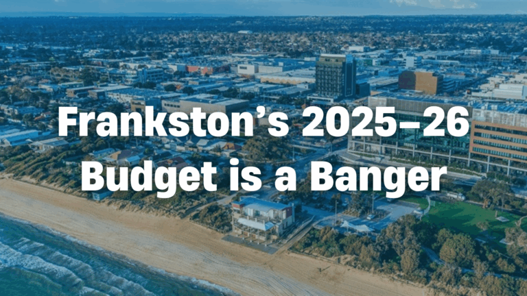 Frankston 2025–26 budget overview with aerial beach view.