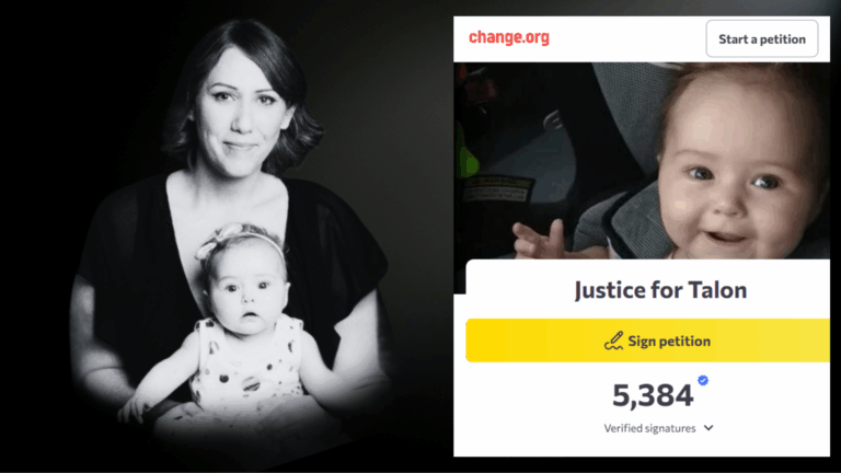 Mother and baby, 'Justice for Talon' petition.