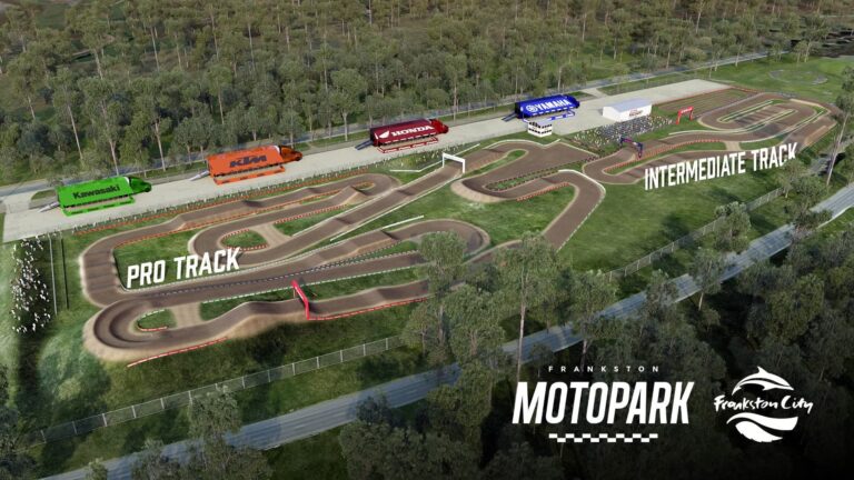 Frankston Motopark aerial view with tracks and logos.