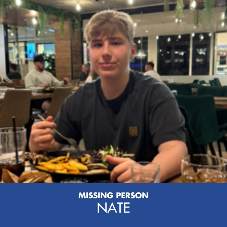 Young person dining, missing person alert.