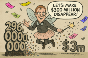 Cartoon man makes millions disappear magically.