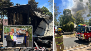 The burnt remains of a house in Crib Point showing collapsed roofing, debris and fire damage days after a Christmas house fire