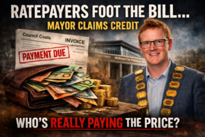 Mayor Anthony Marsh with mayoral chain beside “payment due” invoice, illustrating the potential cost of council monitors to ratepayers