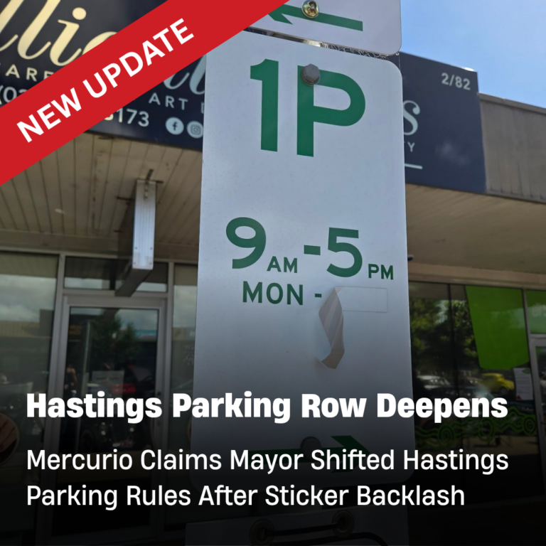 Hastings High Street 1P parking sign showing 9am–5pm with “UPDATE” banner and headline about Mercurio’s claims