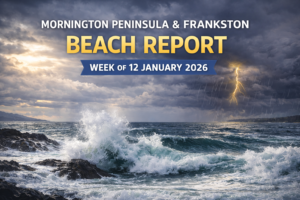 Stormy seas and crashing waves on the Mornington Peninsula with headline overlay for the weekly beach report.