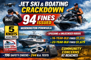 Police conduct a jet ski and boating safety operation on the Mornington Peninsula after 94 riders and boaties were fined during a two-month blitz.