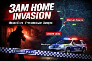 Victoria Police vehicle and map showing Mount Eliza highlighted after 3am home invasion, with Frankston man charged.