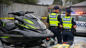 Jet ski on a trailer and seized counterfeit cash at a Rye property as Victoria Police in high-visibility vests stand near a police vehicle.