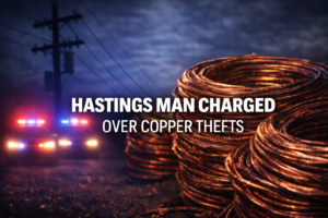 Police lights behind coils of copper wire near a power pole, used as a feature image for a story about a Hastings man charged over copper thefts