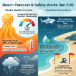 Infographic showing Frankston and Mornington Peninsula beach forecast and safety alerts for 5–10 Jan 2026, including Extreme UV Mon–Wed, 39°C peak Wednesday, unsettled showers and wind late week, Portsea shark sighting reminder, and water quality update.