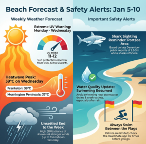 Infographic showing Frankston and Mornington Peninsula beach forecast and safety alerts for 5–10 Jan 2026, including Extreme UV Mon–Wed, 39°C peak Wednesday, unsettled showers and wind late week, Portsea shark sighting reminder, and water quality update.