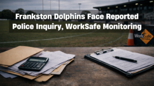 STPL News graphic showing an Australian rules football oval and financial paperwork with the headline “Frankston Dolphins Face Reported Police Inquiry, WorkSafe Monitoring