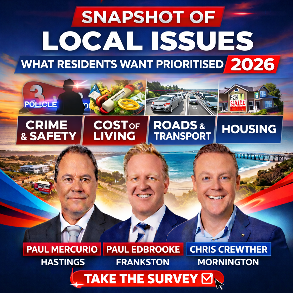 Snapshot of local issues identified by residents in Hastings, Mornington and Frankston in STPL News’ Rate Your MP survey, including cost of living, crime and safety, roads and transport, housing and education.