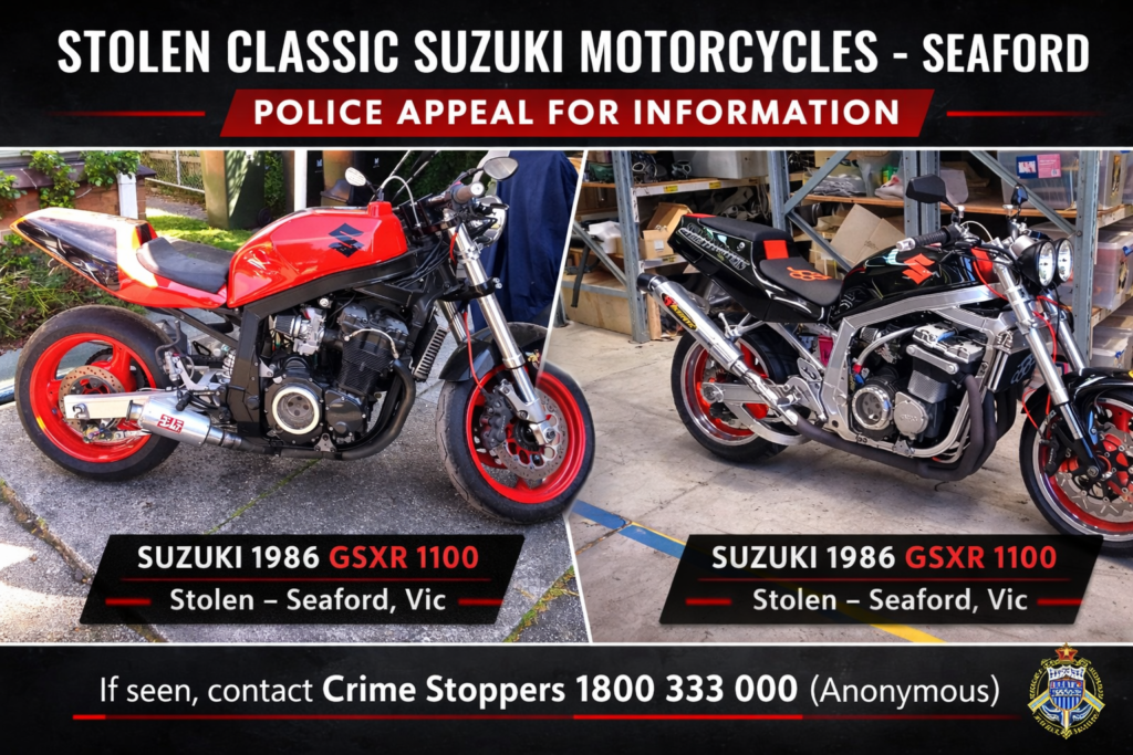 Side-by-side images of two stolen 1986 Suzuki GSXR 1100 motorcycles taken from a Seaford garage in the Frankston area