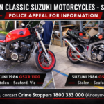 Side-by-side images of two stolen 1986 Suzuki GSXR 1100 motorcycles taken from a Seaford garage in the Frankston area