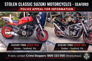 Side-by-side images of two stolen 1986 Suzuki GSXR 1100 motorcycles taken from a Seaford garage in the Frankston area