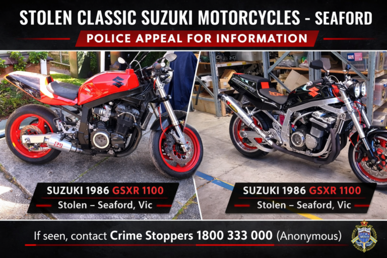 Side-by-side images of two stolen 1986 Suzuki GSXR 1100 motorcycles taken from a Seaford garage in the Frankston area
